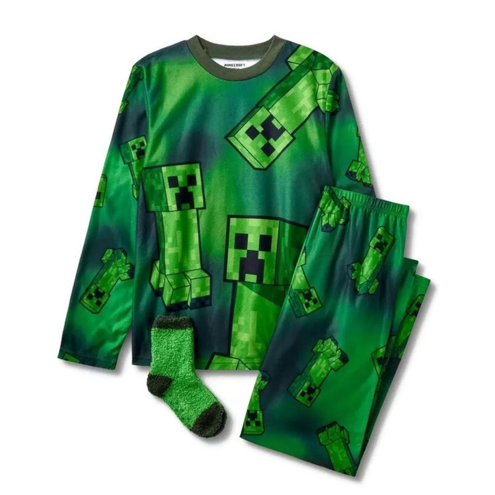Boys' Minecraft 2pc Pajama Set with Socks - Green Med 8-10